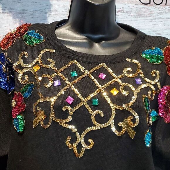 Vintage SML Glitz Black Sequin & Beaded Embellished Sweater, Sz - Picture 4 of 7